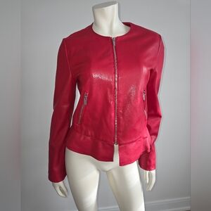 Zara Vibrant Red Vinyl Leather Jacket With Ruffle S Bikercore Trend